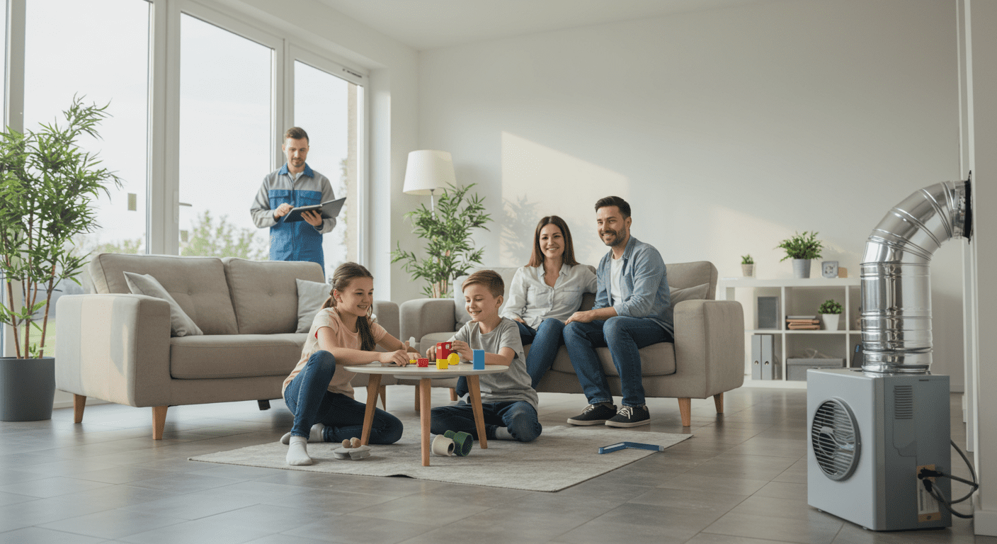 A family happily enjoying their clean home after mold removal, with a technician in the background ensuring everything is safe.