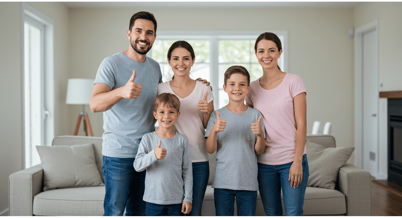 A happy family standing in their living room, smiling and giving a thumbs-up after successful mold removal. The room is bright and inviting, symbolizing customer satisfaction and a healthy home environment.
