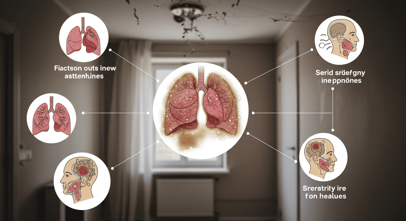 An infographic-style image showing the effects of mold on health, with a visual representation of symptoms like respiratory issues, but without text. The background is a blurred view of a home with mold.