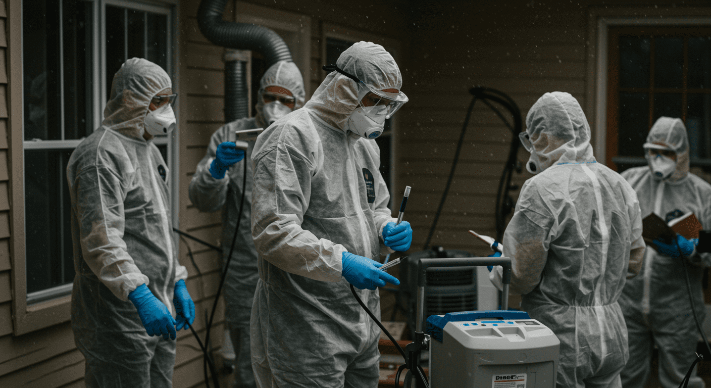 A team of mold remediation professionals in protective gear working on a house, with equipment like air scrubbers and dehumidifiers visible in the background.