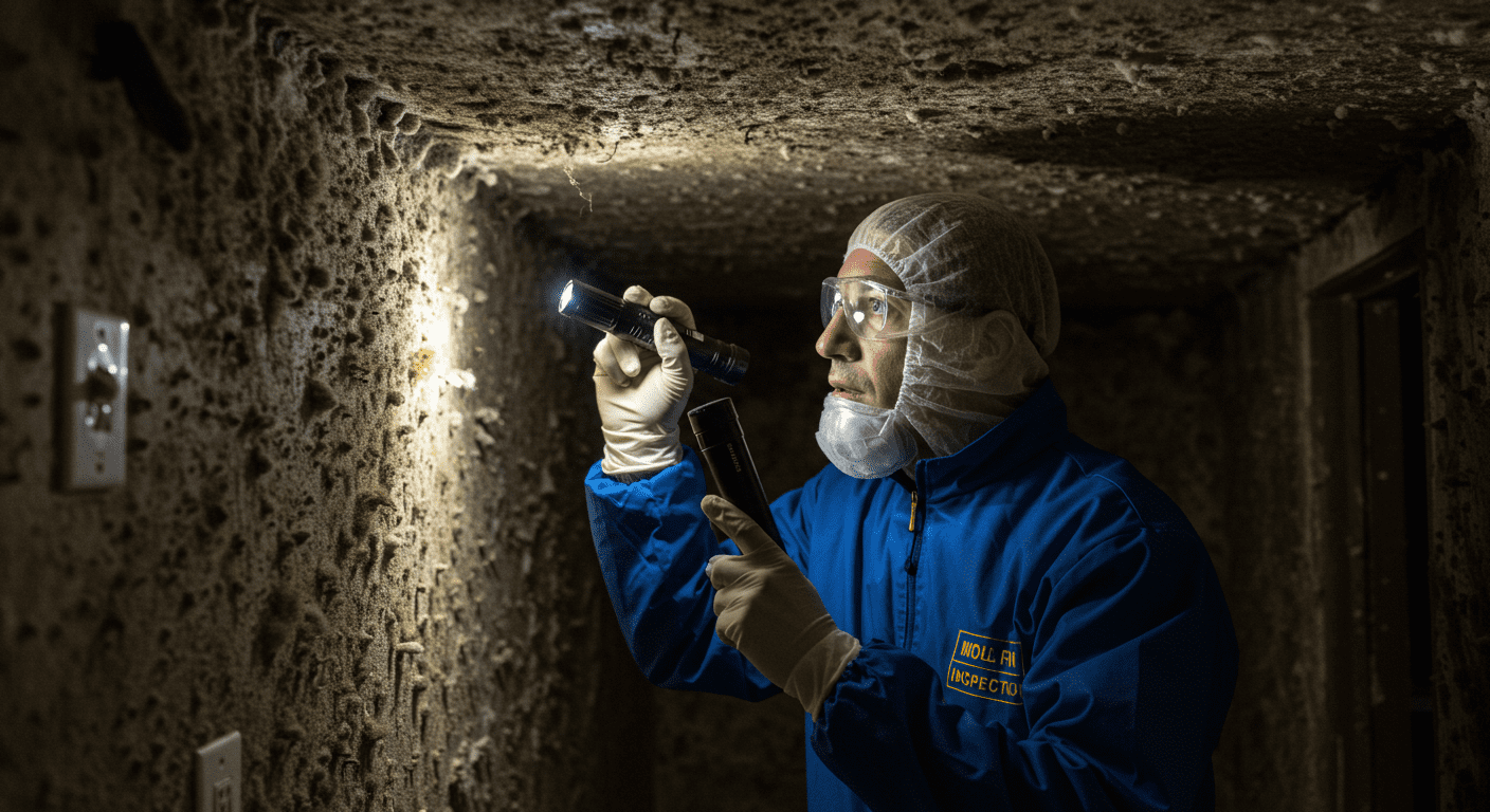 A professional mold inspector examining a home’s interior, using a flashlight to identify mold growth in dark corners. The inspector is wearing protective gear, emphasizing safety.