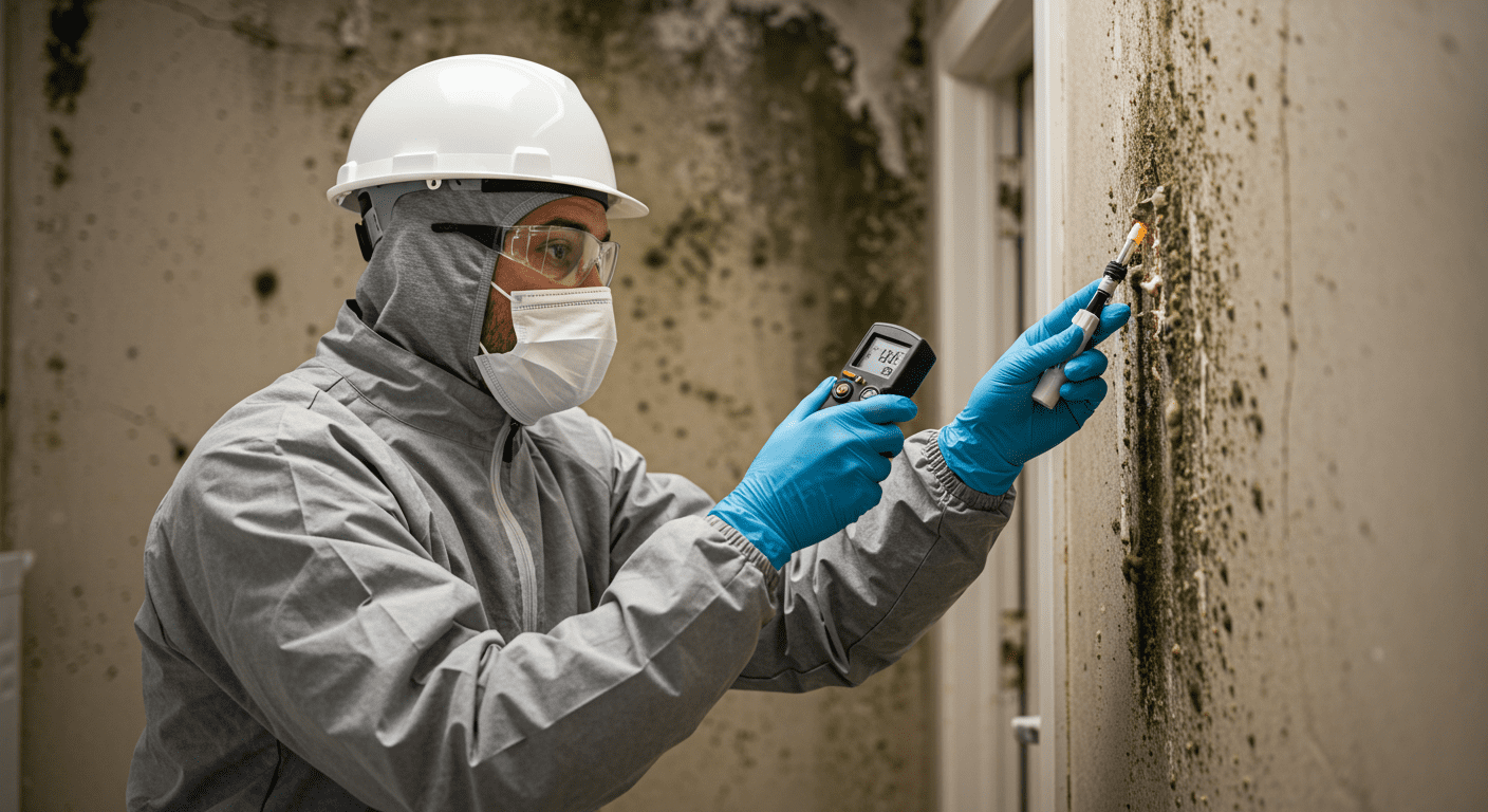 A professional mold inspector examining a wall with visible mold growth, using a moisture meter. The inspector is wearing protective gear, highlighting safety in the remediation process.