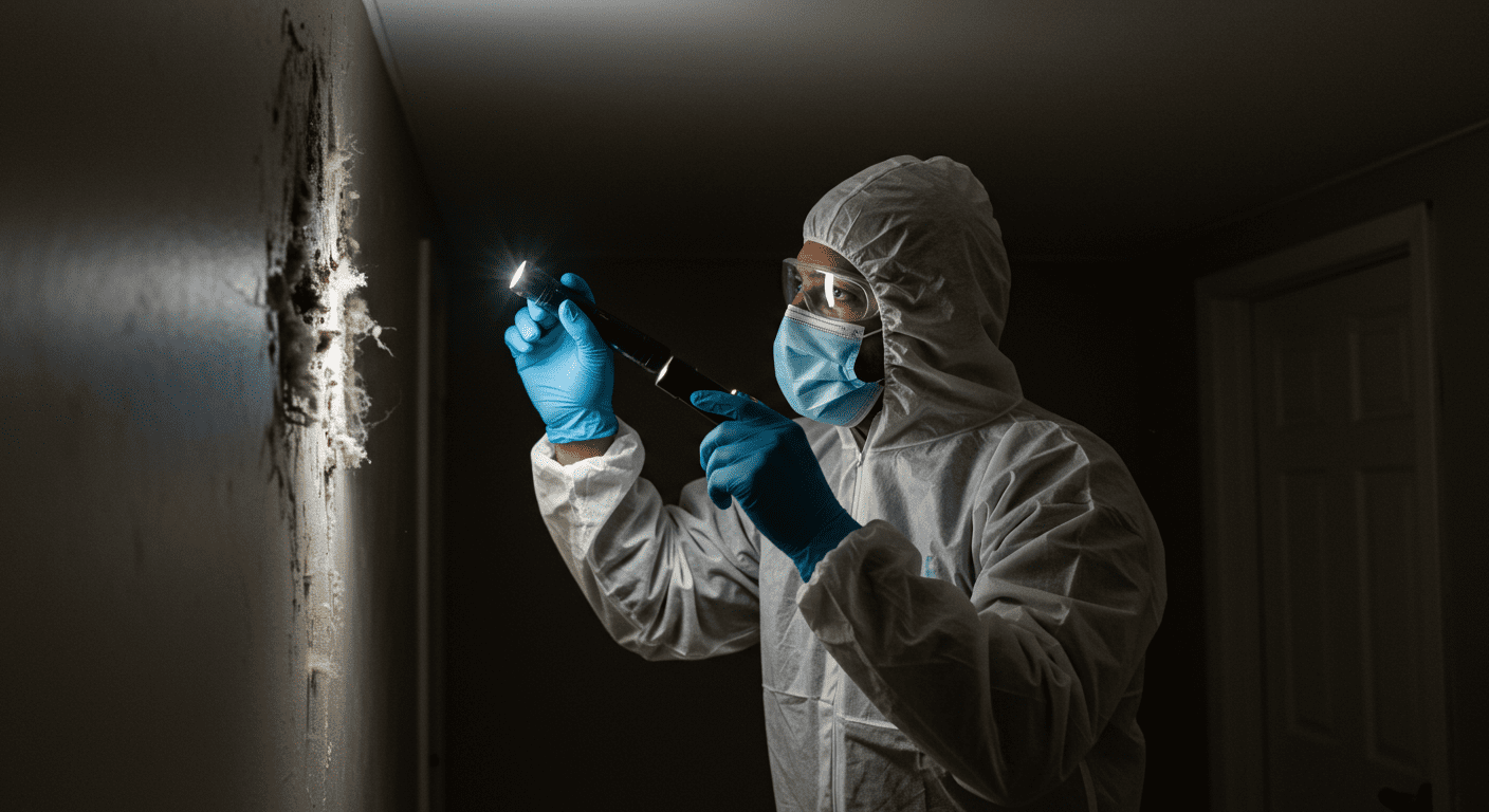 A professional mold remediation technician inspecting a home for white mold, using a flashlight to examine dark corners and walls. The technician is wearing protective gear, emphasizing safety and professionalism.