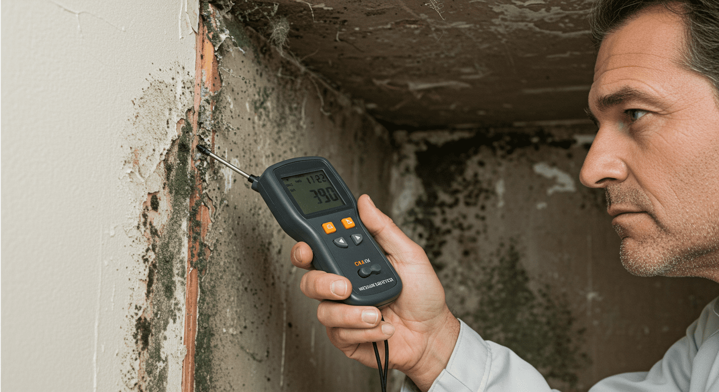 A close-up of a professional mold inspector examining a wall with a moisture meter, highlighting areas with visible mold growth.