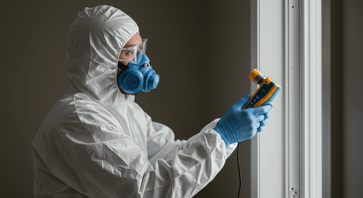 A professional mold inspector examining a wall with a moisture meter in a residential home. The inspector is wearing protective gear, and the focus is on the equipment being used.