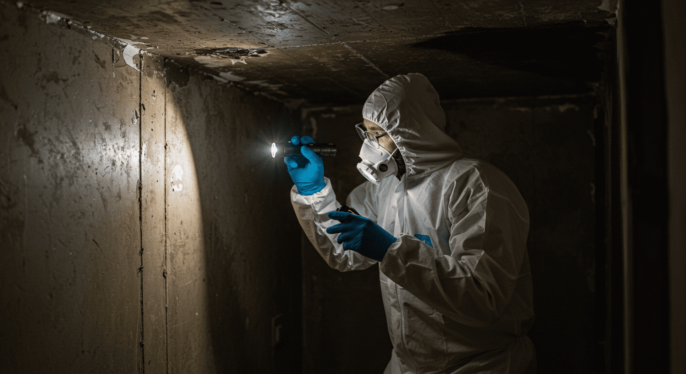A professional mold inspector in protective gear examining a damp corner of a basement with a flashlight.
