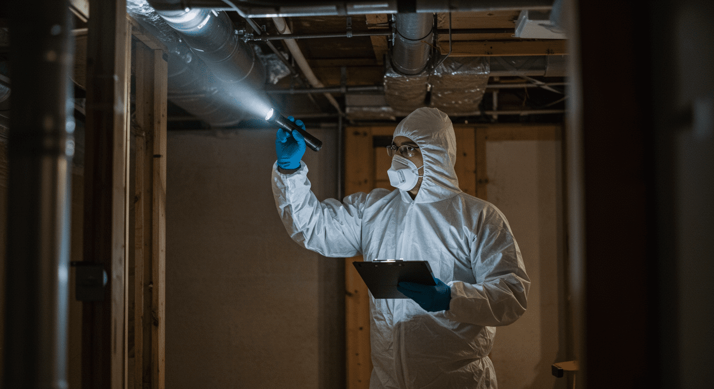 A professional mold inspector examining a residential basement with a flashlight, showcasing the inspection process. The inspector is wearing protective gear, emphasizing safety.