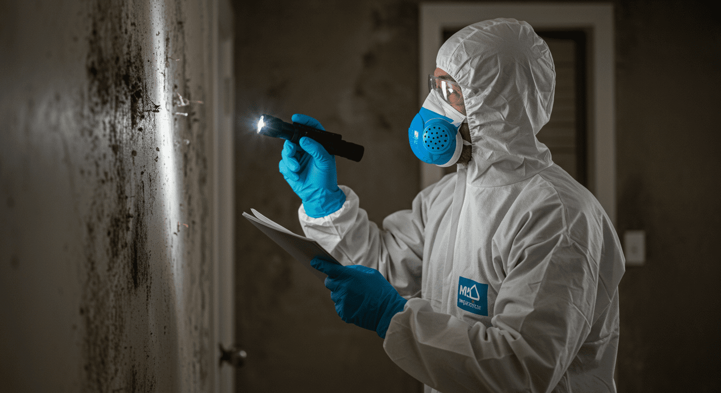 A professional mold inspector wearing protective gear is examining a wall in a home, using a flashlight to highlight potential mold growth.