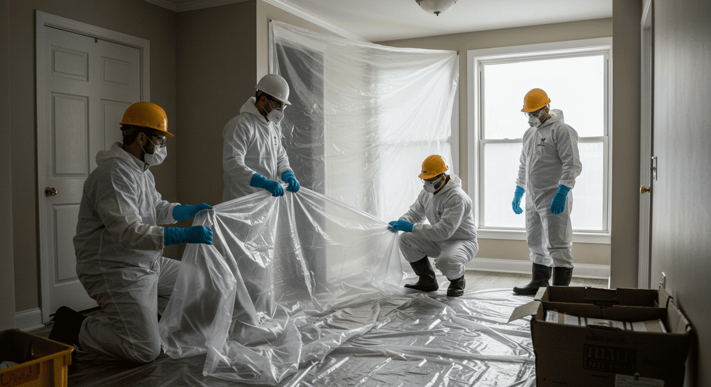 A team of certified mold remediation specialists is actively engaged in the mold removal process. They are seen sealing off a contaminated area with plastic sheeting, showcasing the importance of safety measures during remediation.