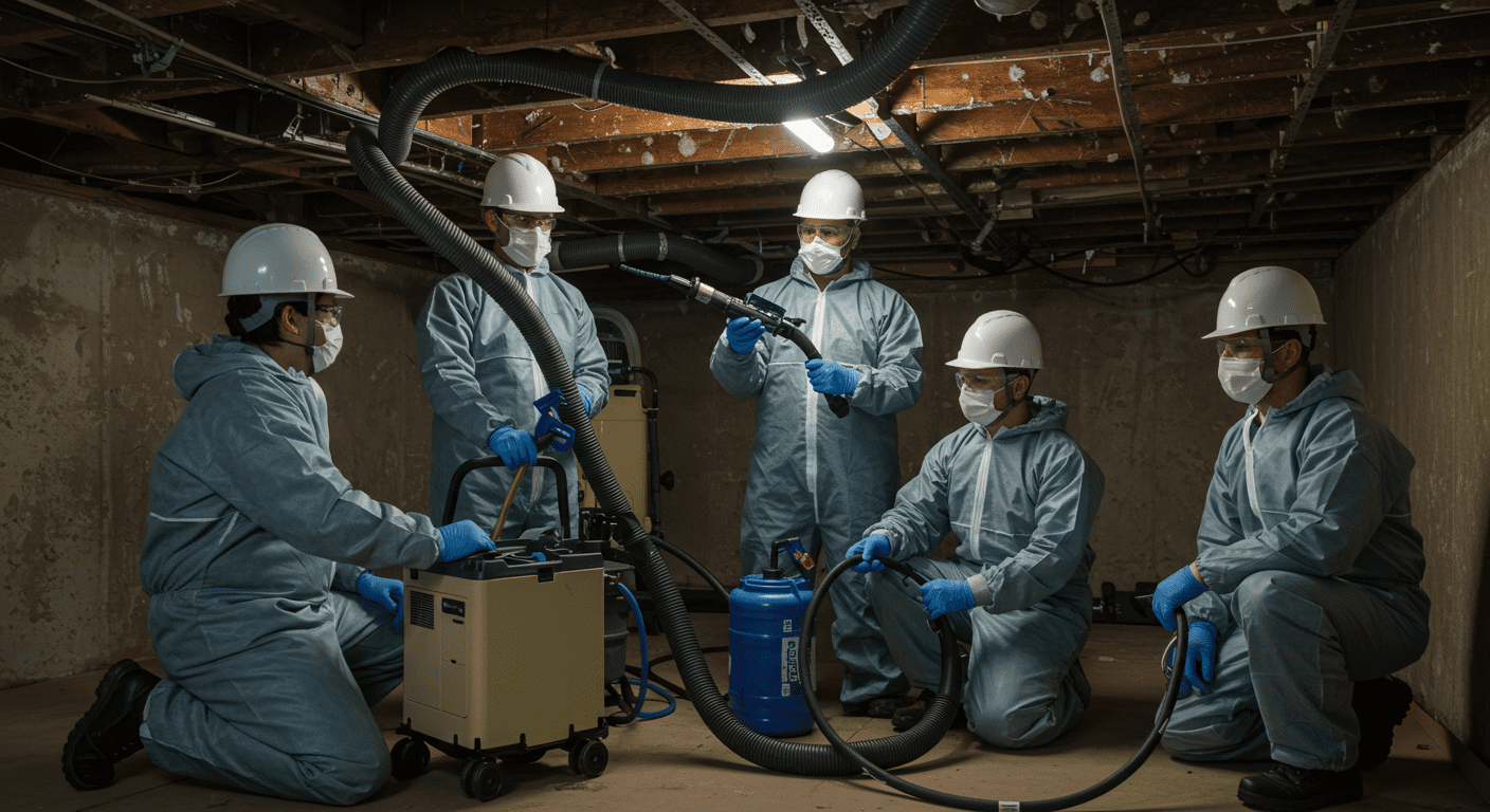 A team of professional mold remediation specialists working together in a crawl space. They are using advanced equipment, such as air scrubbers and dehumidifiers, to remove mold and improve air quality.