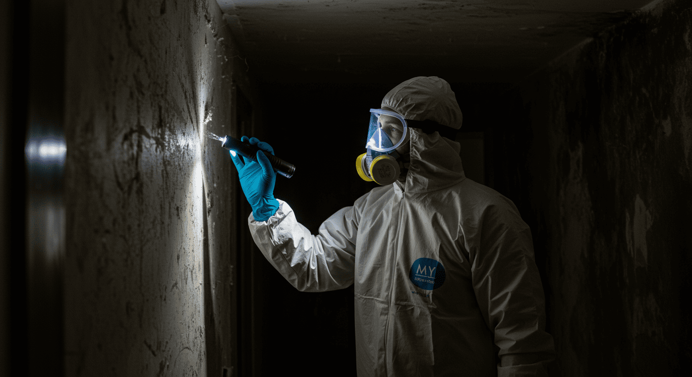 A professional mold removal technician in protective gear, inspecting a home’s interior for mold growth. The technician is using a flashlight to examine dark corners and walls.
