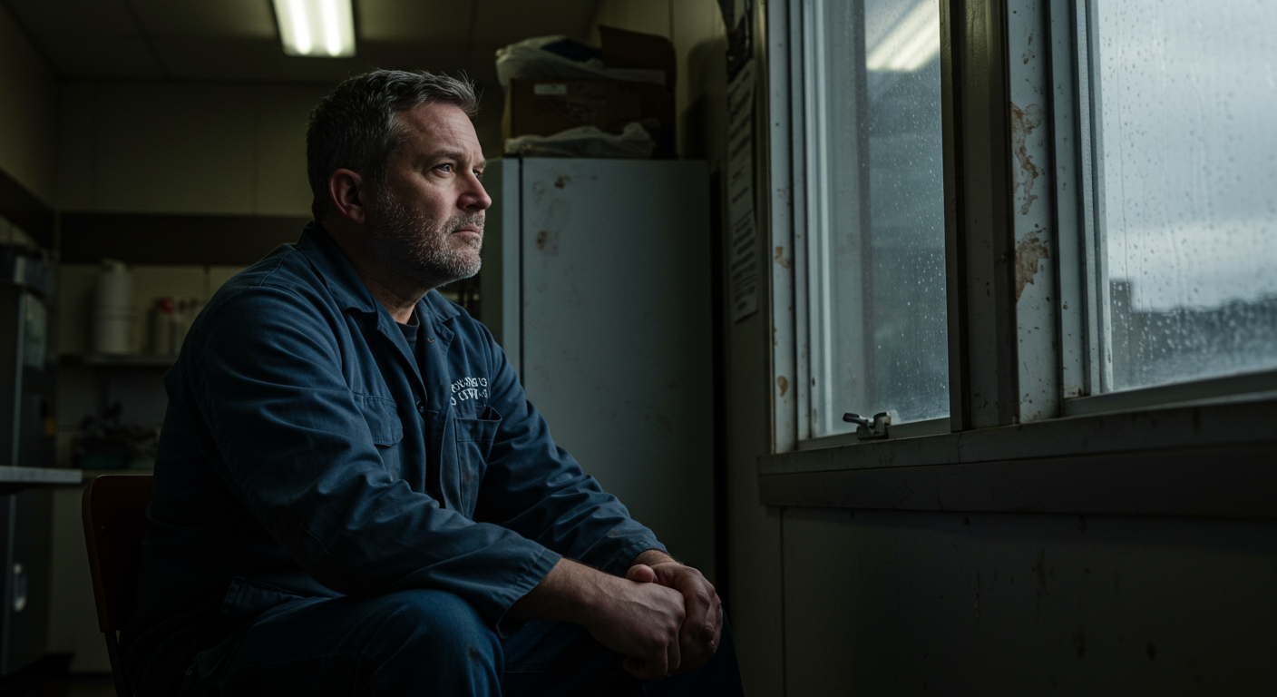 A reflective moment of a cleanup professional sitting alone, looking out a window, contemplating the emotional toll of their work.