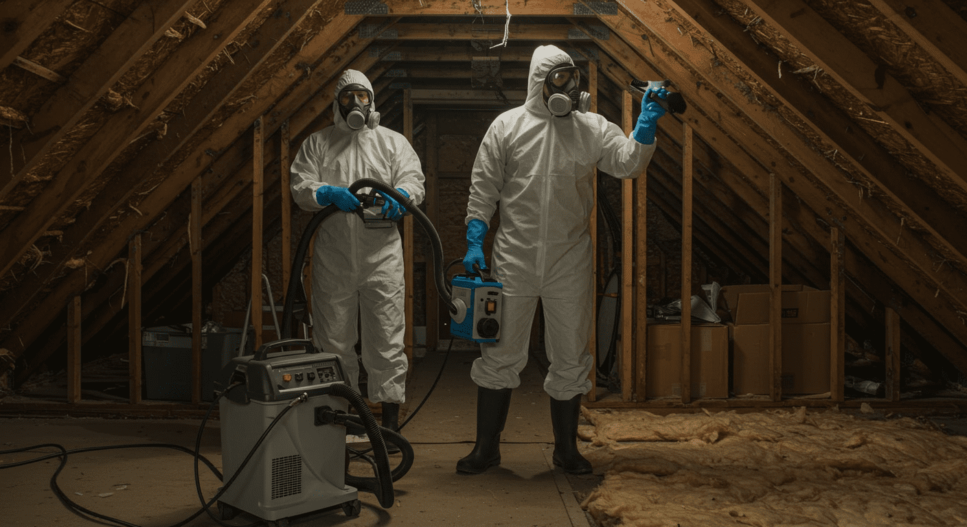 A professional mold remediation team working in an attic, using specialized equipment to remove mold.