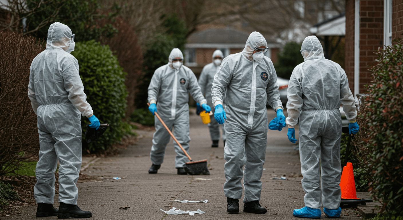 A team of biohazard cleanup professionals in full protective gear, carefully cleaning a residential area affected by a biohazard incident. The scene conveys a sense of urgency and professionalism.