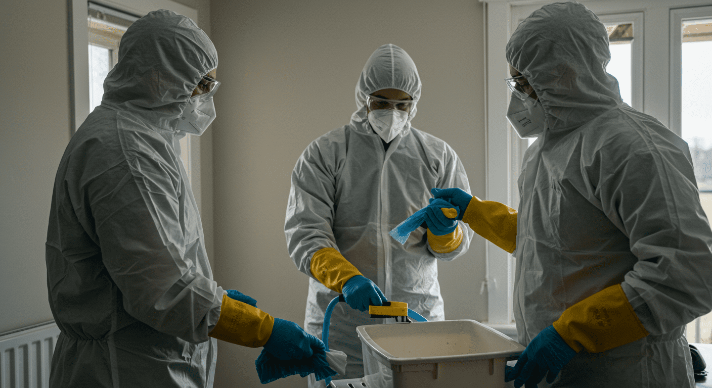 A professional biohazard cleanup team in protective gear carefully cleaning a residential space. The team is focused and working together, showcasing their dedication to safety and thoroughness.