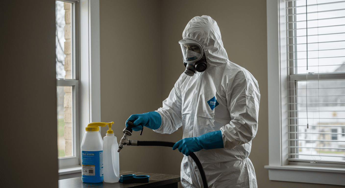 A professional biohazard cleanup technician in full protective gear carefully cleaning a residential space.