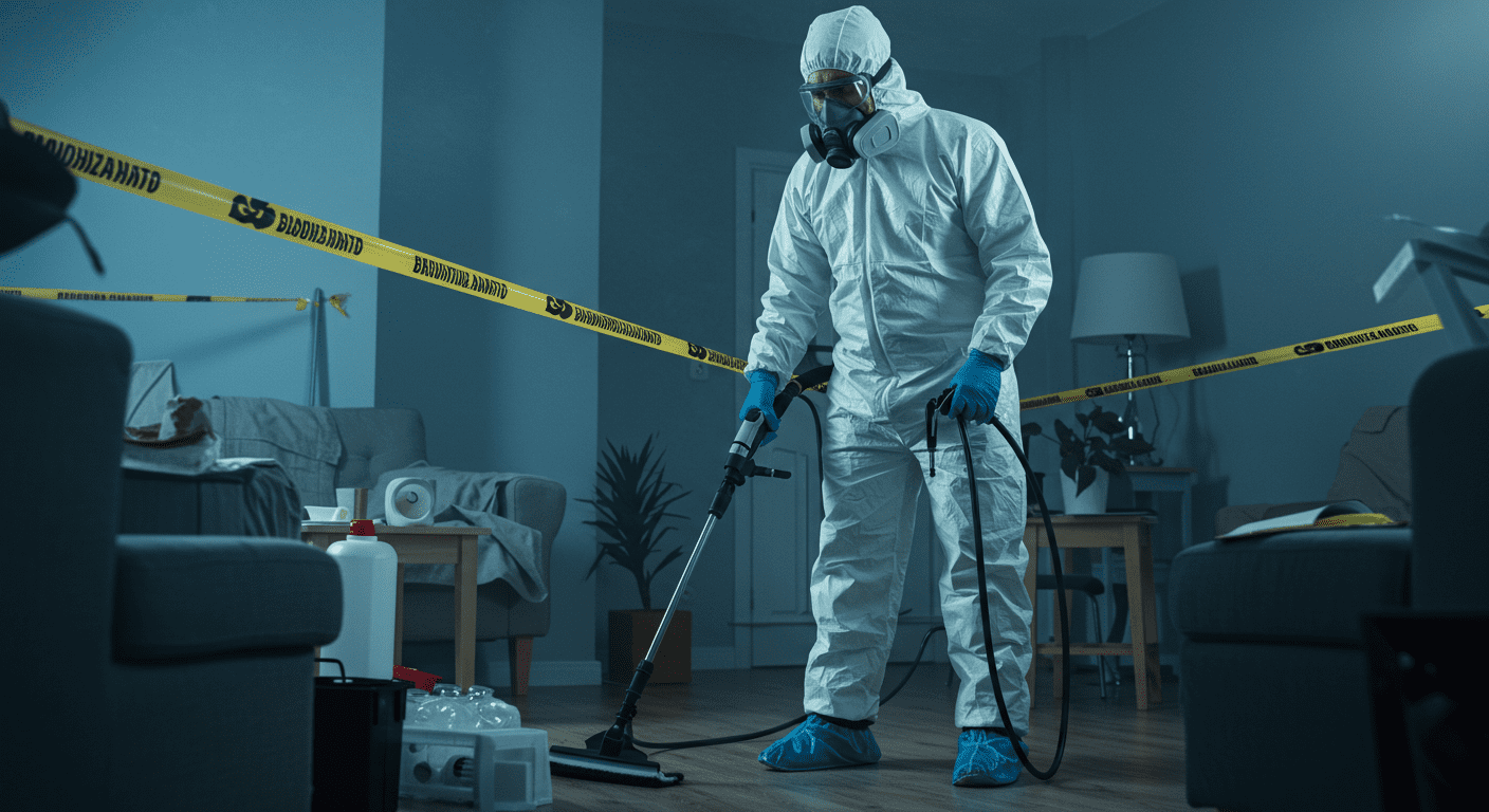 A professional biohazard cleanup technician in full protective gear carefully cleaning a residential space, showcasing attention to detail and thoroughness.