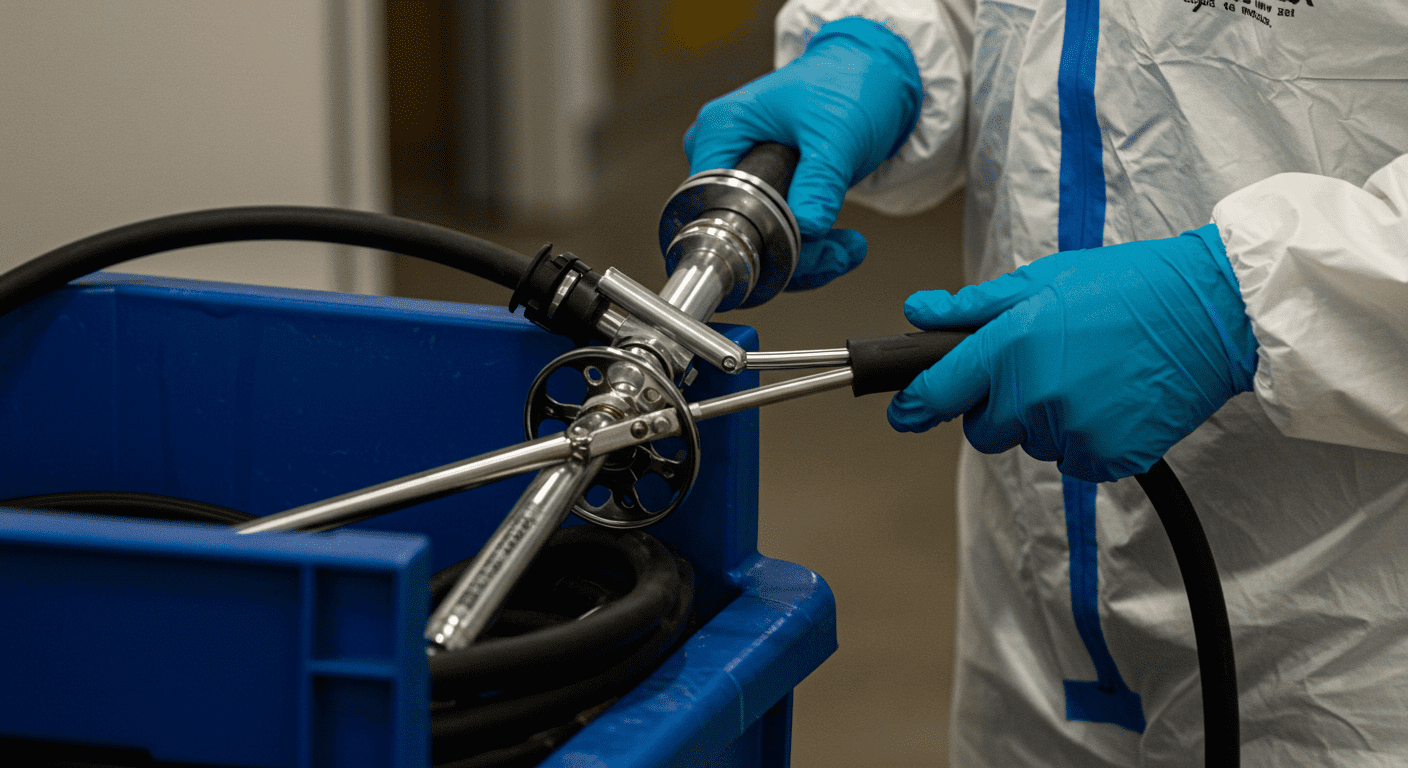 A close-up of specialized biohazard cleanup equipment being used at a crime scene. The focus is on the tools and safety gear, highlighting the professionalism and thoroughness of the cleanup process.