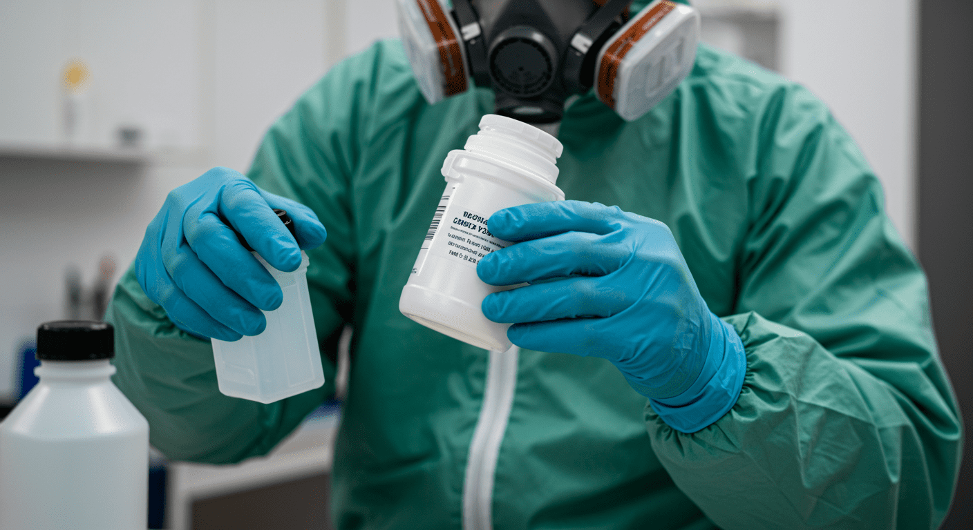 A close-up of a technician wearing a respirator and gloves, carefully handling mold removal chemicals. The background shows a clean, organized workspace with safety equipment like goggles and gloves.
