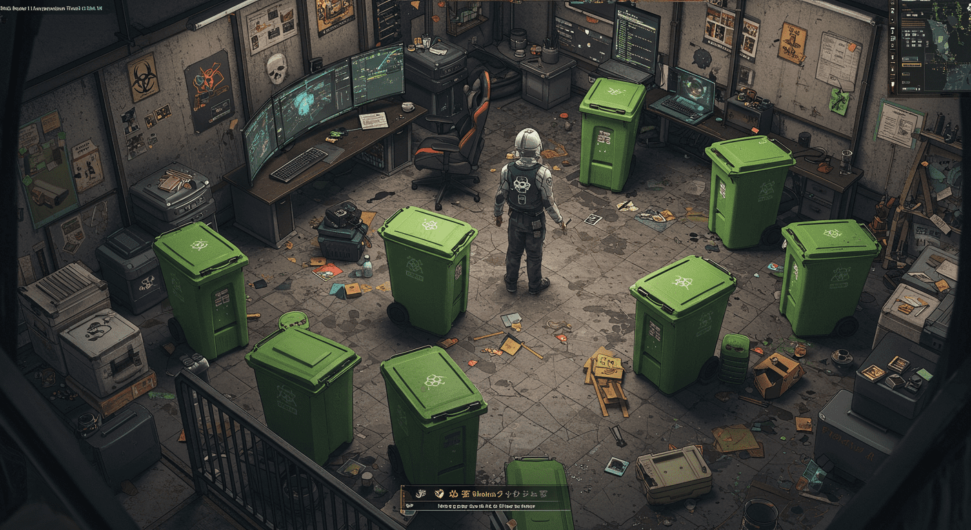 An overhead view of a gaming setup featuring multiple biohazard bins arranged strategically around a messy virtual environment. The image captures the essence of planning and strategy in gameplay.