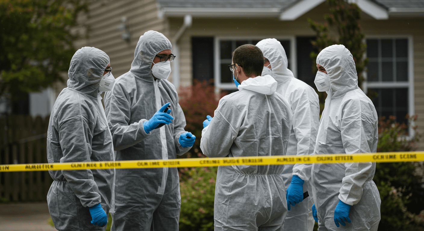 A crime scene cleanup team gathered outside a house, discussing their approach while wearing protective gear. The image captures their camaraderie and the seriousness of their mission.