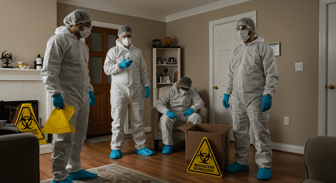 A wide shot of a biohazard cleanup team in action, working together in a home environment. The image captures the teamwork and professionalism involved in the cleanup process, with visible biohazard signs and equipment in use.