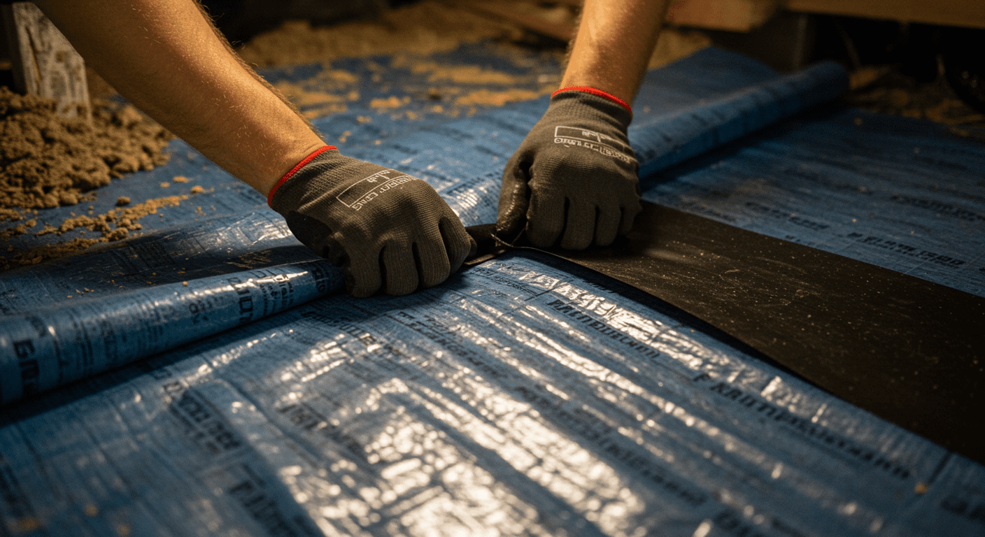 A close-up of a technician installing a vapor barrier in a crawl space, demonstrating the encapsulation process.
