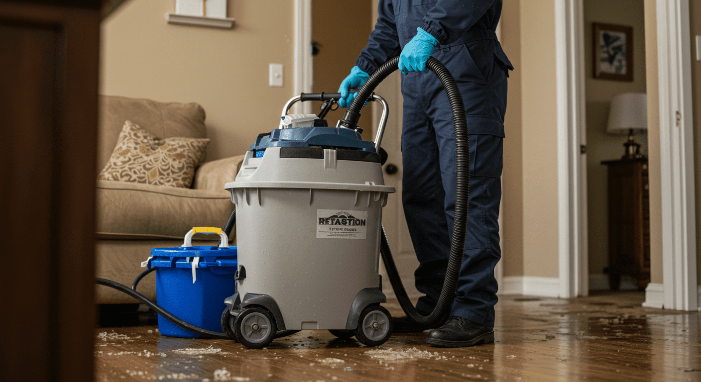 A professional water damage restoration technician in action, using specialized equipment to extract water from a flooded living room.