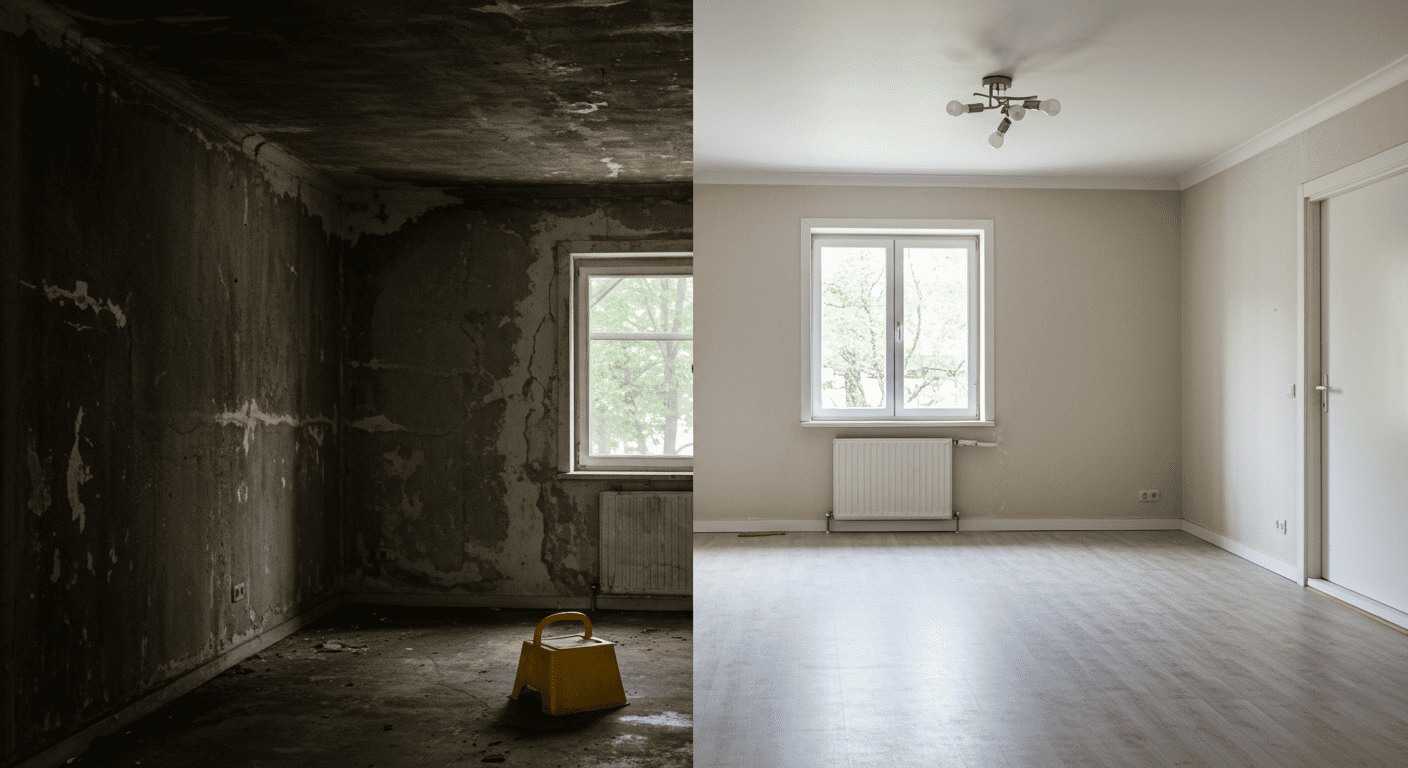A split image showing a room before and after mold removal. The left side shows dark, moldy walls, while the right side displays a clean, restored space.