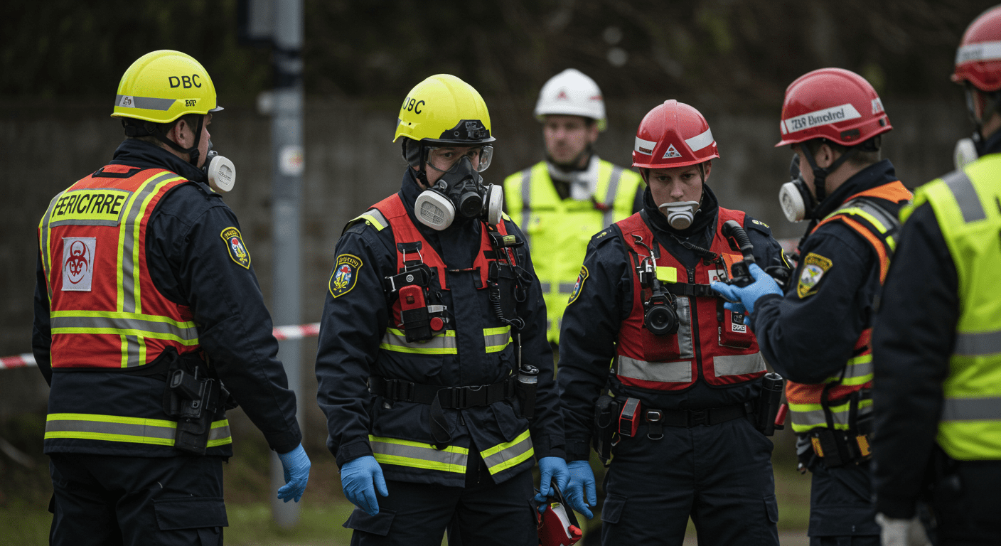 An emergency response team preparing to enter a biohazard site, with a focus on their serious expressions and the equipment they carry, conveying urgency and professionalism.