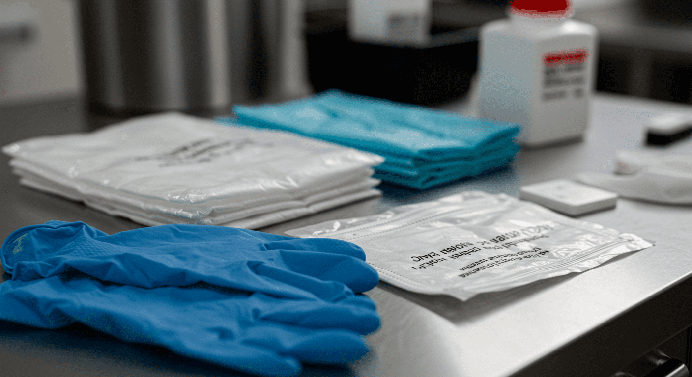 A close-up shot of high-quality biohazard cleanup equipment, including gloves, masks, and containment bags, arranged neatly on a clean surface. This image emphasizes the safety protocols and professionalism of the service.