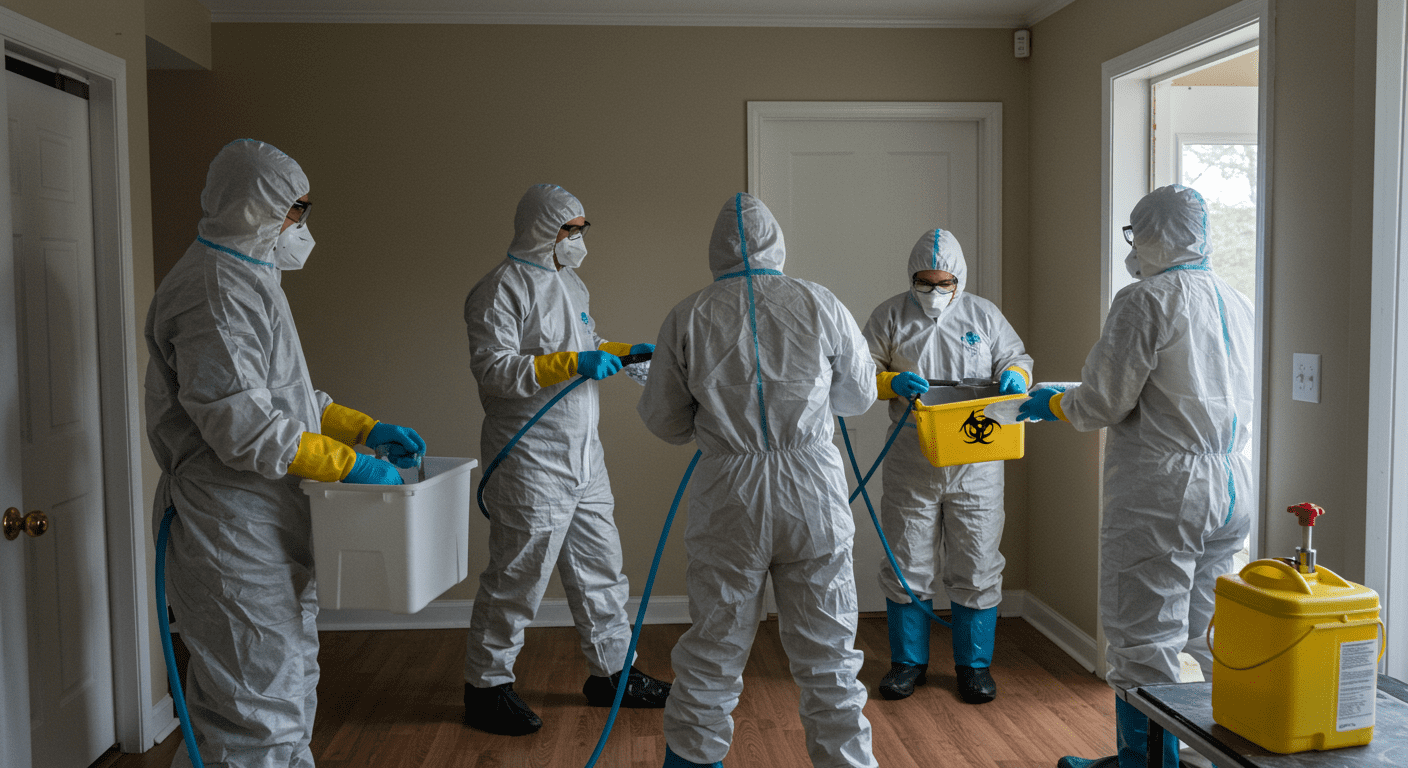 A team of biohazard cleanup professionals in protective gear actively cleaning a residential space.