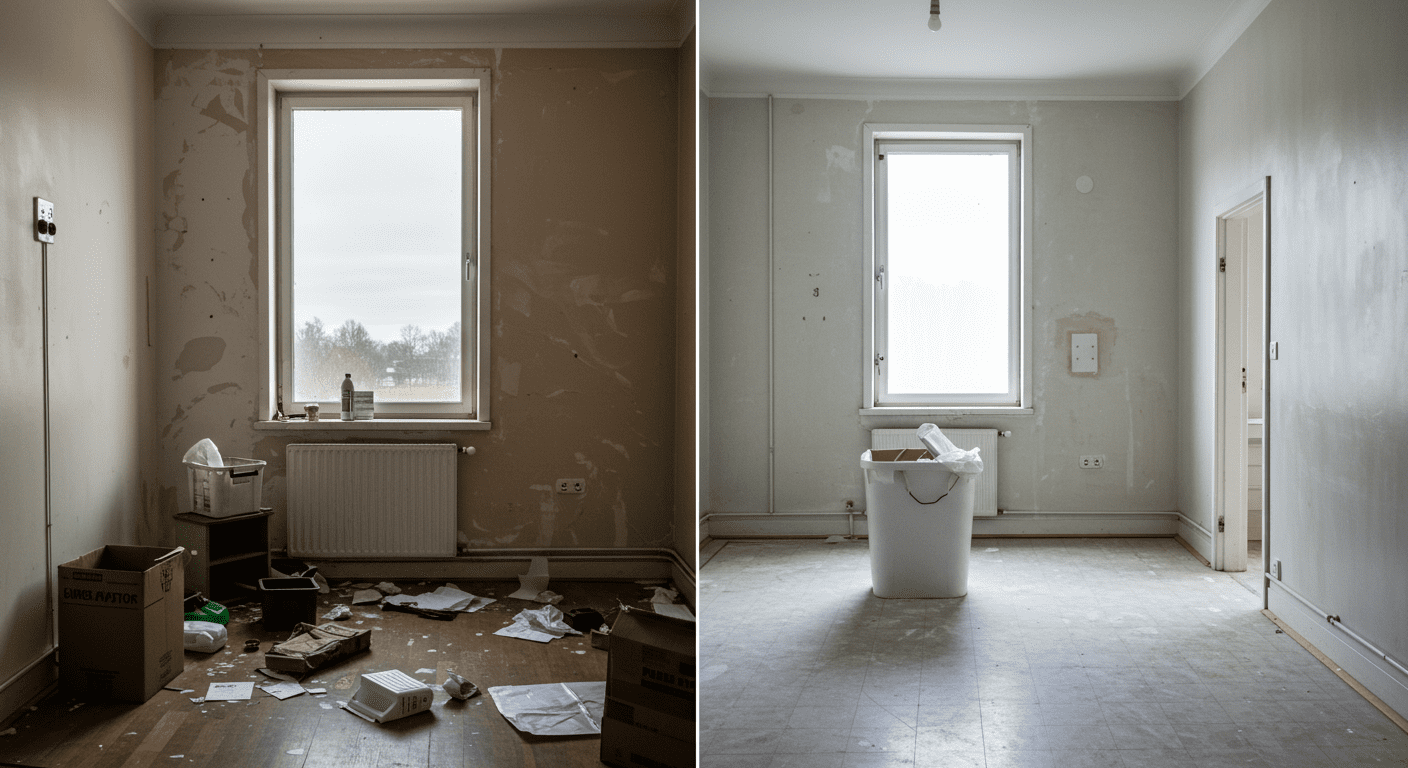 A split image showing a room before and after biohazard cleanup. The left side depicts a cluttered and hazardous environment, while the right side showcases a clean, sanitized space, highlighting the effectiveness of professional services.