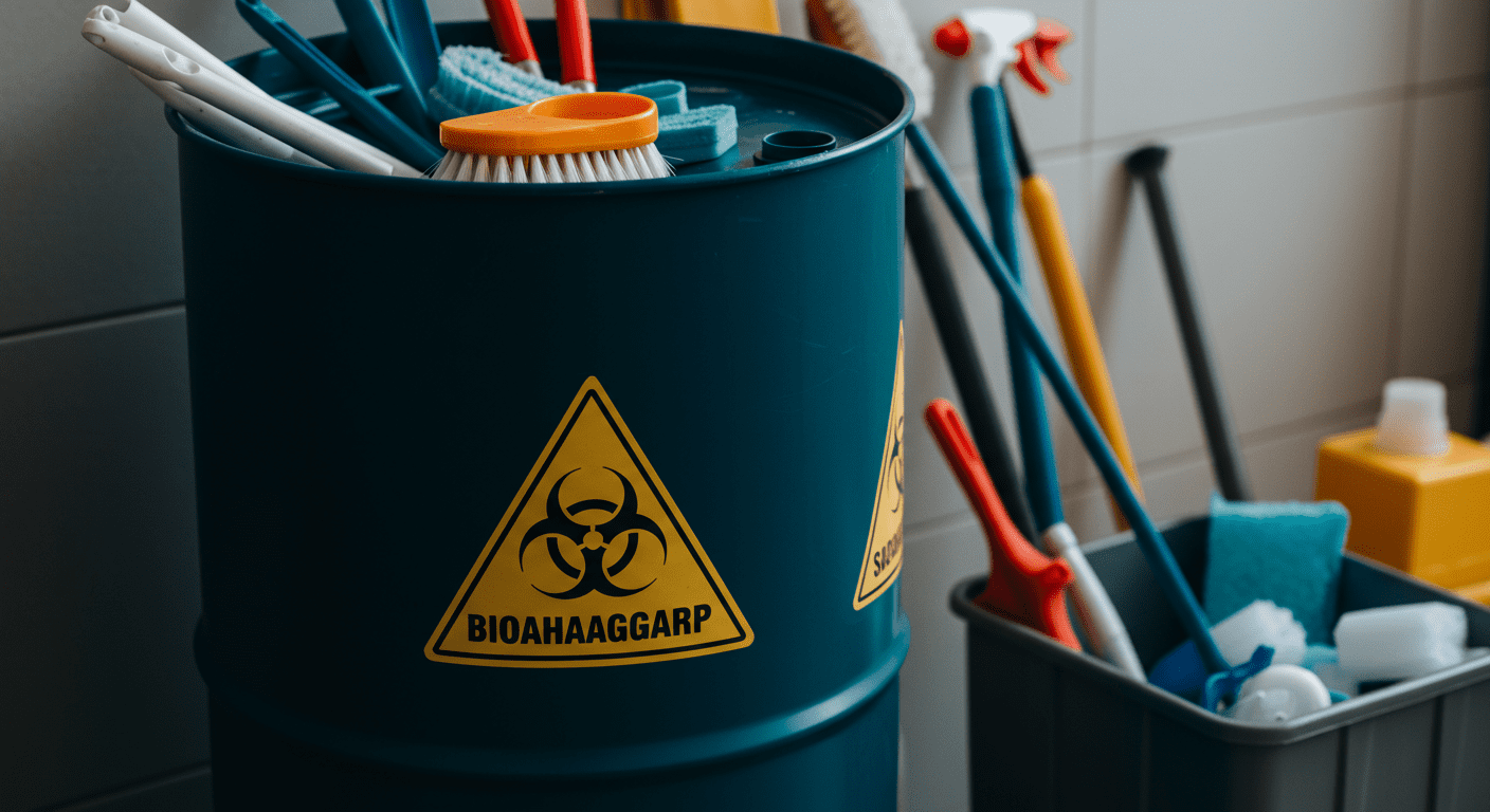 A close-up shot of a biohazard barrel with warning labels, surrounded by cleaning tools and equipment. The image emphasizes the importance of safety and proper handling in biohazard cleanup.