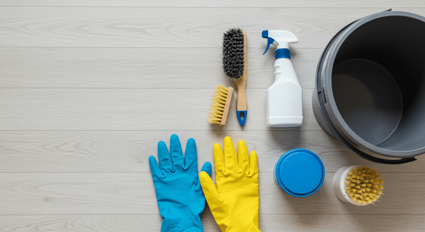 A flat lay of essential DIY mold removal tools including a scrub brush, spray bottle, gloves, and a bucket, arranged neatly on a clean surface.