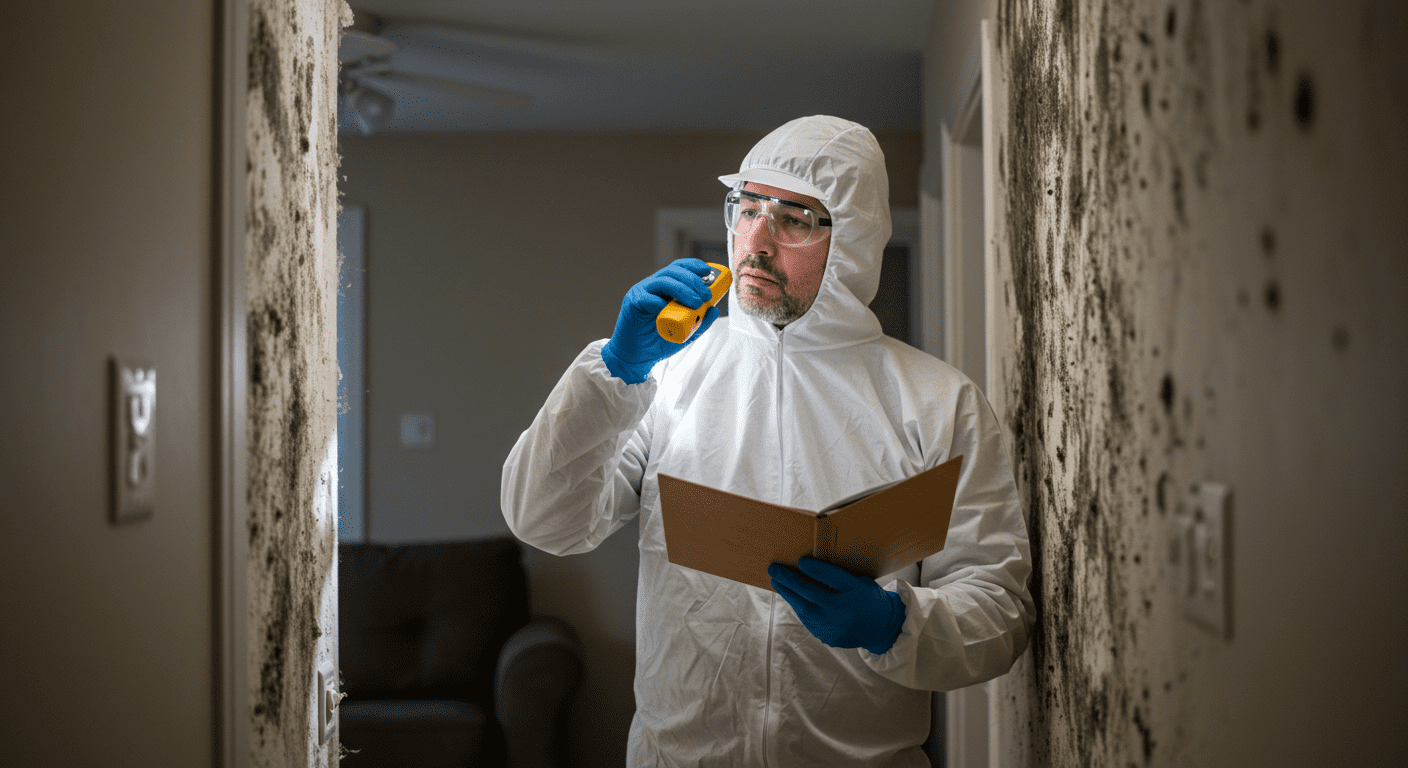A professional mold inspector in protective gear examining a wall in a residential living room for mold growth.