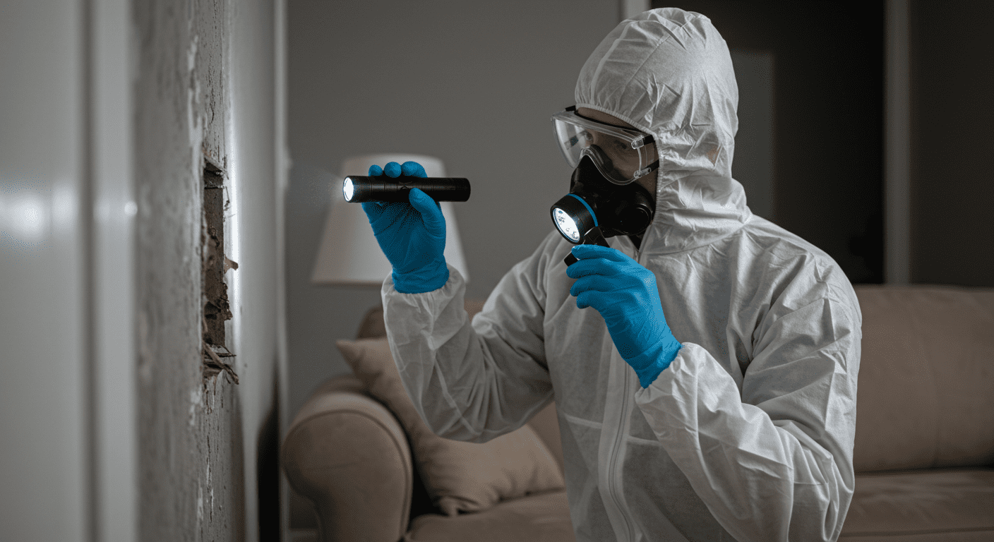 A professional mold inspector in safety gear, examining a corner of a living room with a flashlight. The inspector is focused on the area, showcasing their expertise.