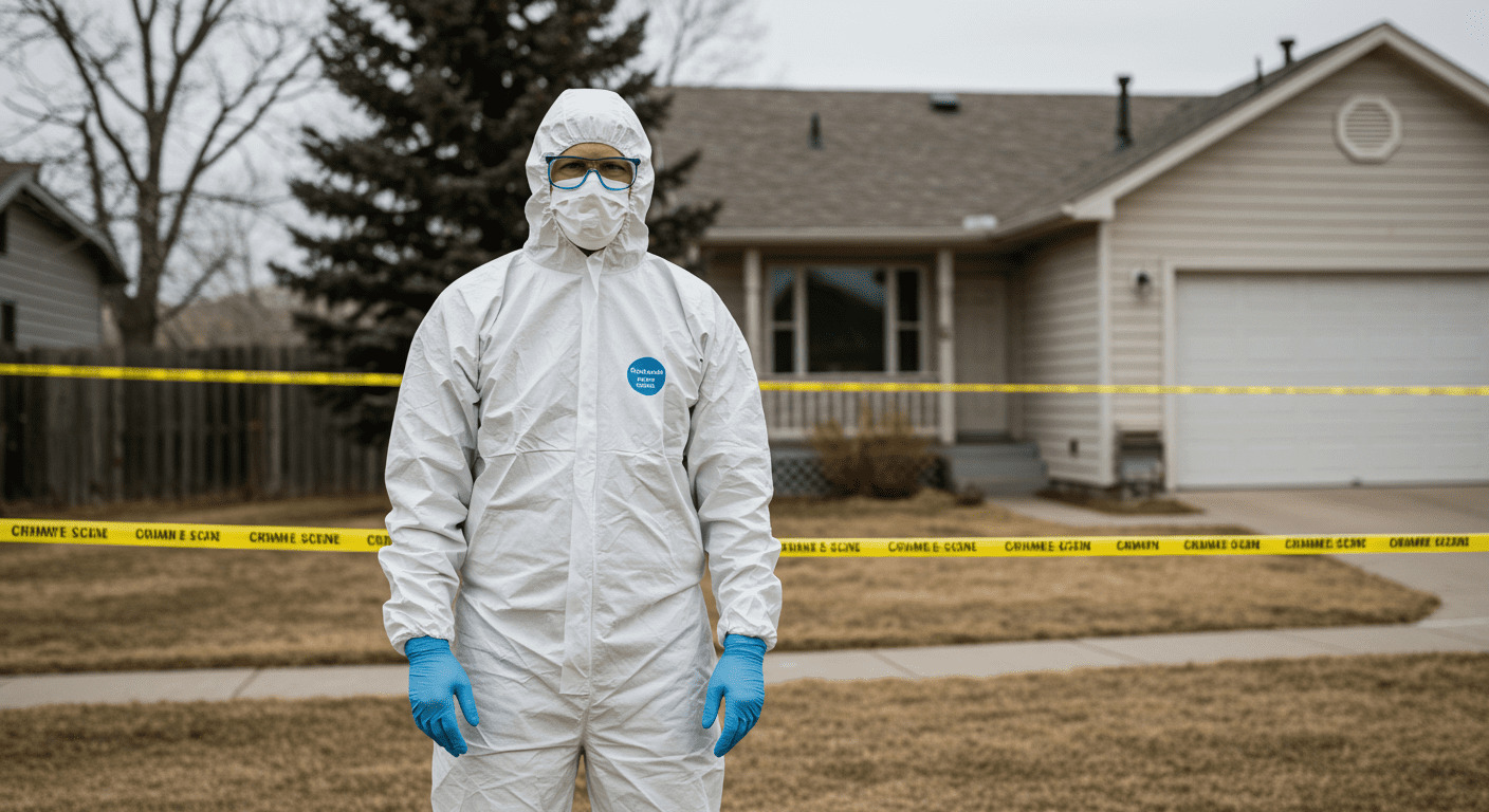 Crime scene cleaner wearing full protective gear, emphasizing safety and professionalism in Cheyenne, WY